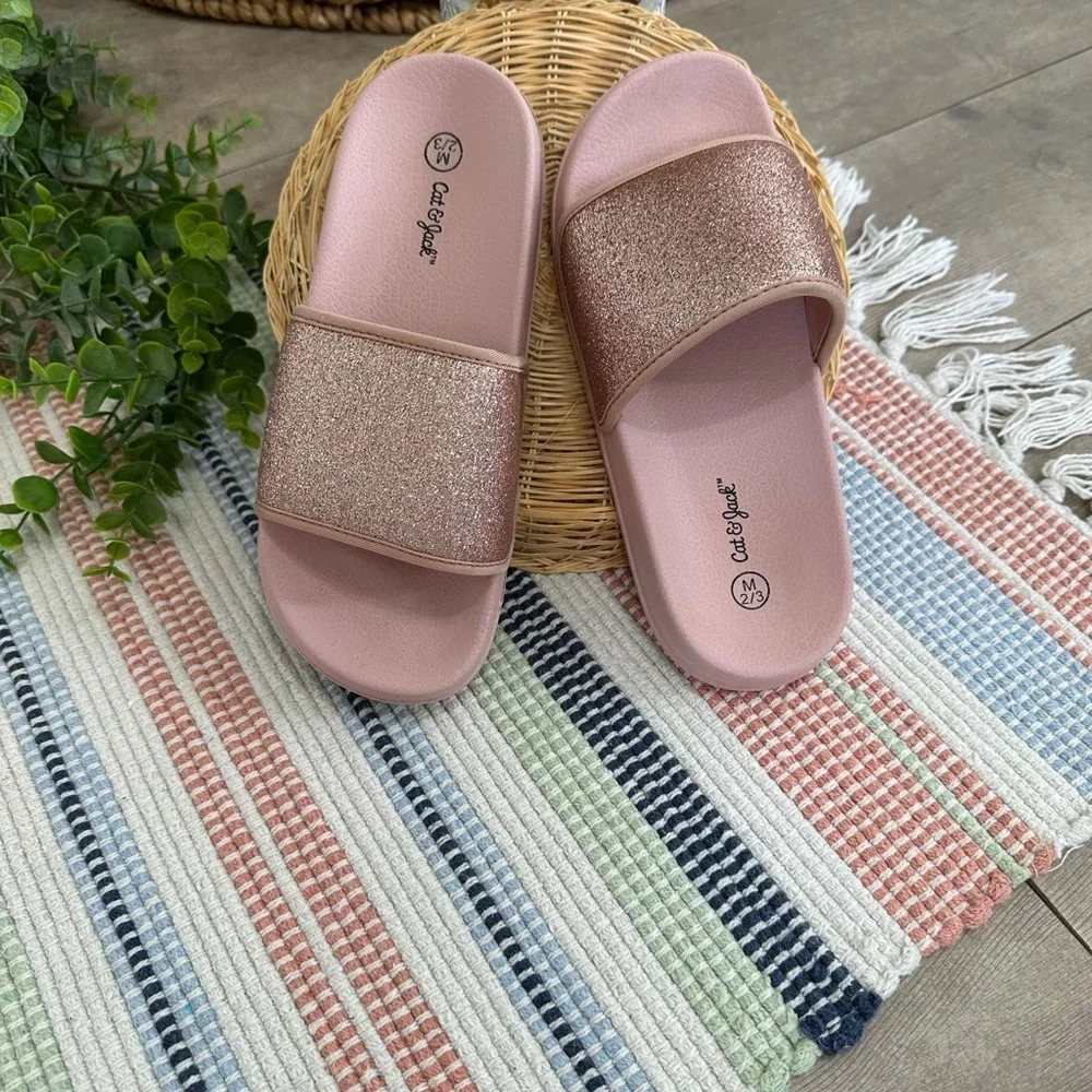 New Cat & Jack Girls Rose Pink Glitter Slide Sandals Size Medium 2/3
